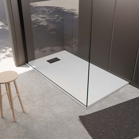 Pacco Piatto Doccia Bianco Effetto Pietra 80x120 cm e Griglia motivo Lineare Nero Opaco