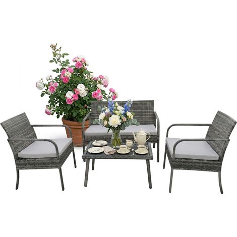 Relaxdays Set da giardino, 4 pz, rattan sintetico, panca 2 posti, 2 sedie & tavolo, grigio