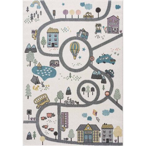 Tapis de jeu pour chambre d'enfant Blanc Motif Route de l'école 80x150cm