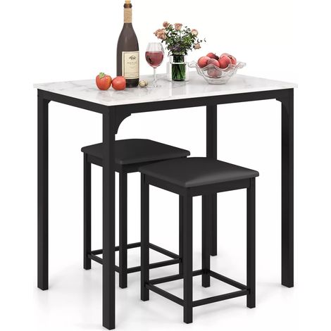 Counter-height Dining Table Set 3-Piece Bar Table Set w/1 Table & 2 Upholstered Bar Stools White (1/5)