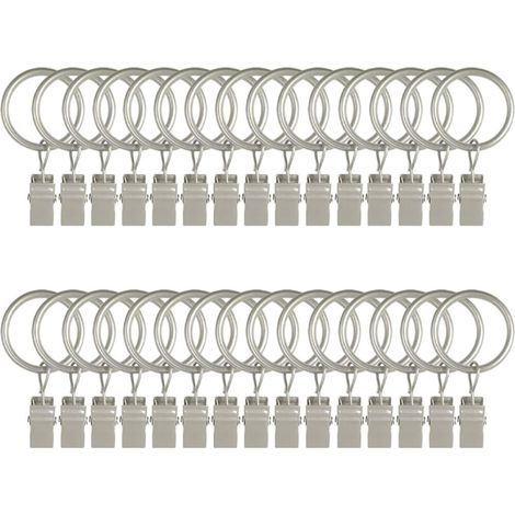 Anneaux de rideaux avec clips métalliques - Convient à toutes les tringles à rideaux - Diamètre intérieur 32 mm - Argent mat - 30 pièces (1/5)