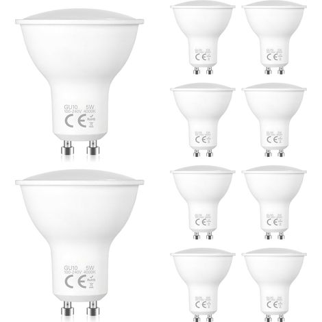 10 Pack Spots LED GU10 5W, Blanc Neutre 4000K, équivalent à Une Ampoule Halogène De 50W, Angle De Faisceau De 120 Degrés, Faible Consommation D'énergie, Convient Aux Plafonniers, Spots Encastrés (1/5)
