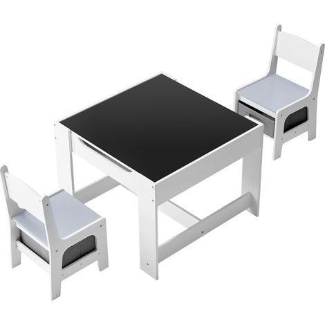Table enfants avec 2 chaises, bureau en bois avec rangement sous table et coffre tissu sous chaises, idéal activités créatives, lecture, dessin. (1/5)