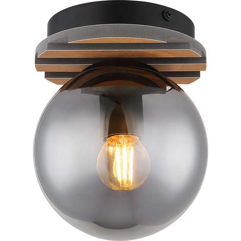 Deckenlampe Rauchglas Deckenleuchte Esszimmerleuchte rund Glaskugel Schlafzimmer, Metall Glas MDF, 1x E27 Fassung, DxH 15x20 cm
