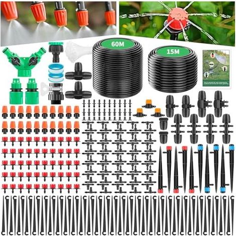 315-teiliges Gartenbewässerungssystem mit Tropfbewässerung, 60 m + 15 m Schlauch, Sprühbewässerungs- und Kühlsysteme für Rasen und Gewächshauspflanzen -
