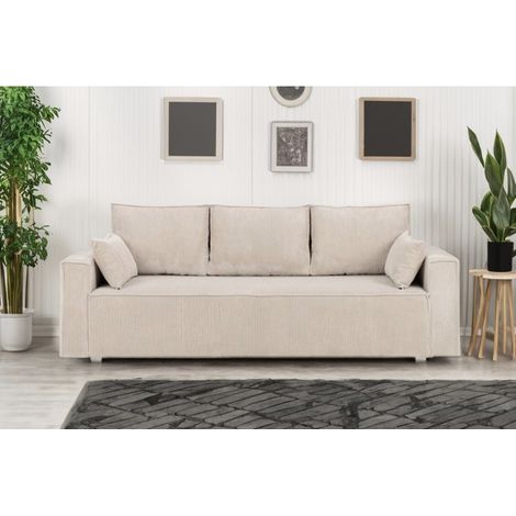 Tendencio – Canapé convertible 3 places en velours côtelé beige – Confort optimal pour salon – Dimensions compactes pour petits espaces