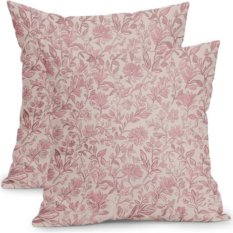 Vintage-Kissenbezüge aus Baumwolle und Leinen mit Blumenmuster, 2er-Set (61 x 61 cm, neutrales Rosa)