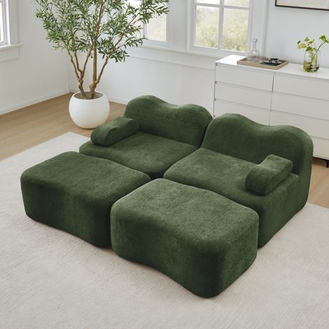Sofá modular 2 plazas verde en terciopelo con 2 otomanas, sin estructura y cojines de reposabrazos móviles (1/5)