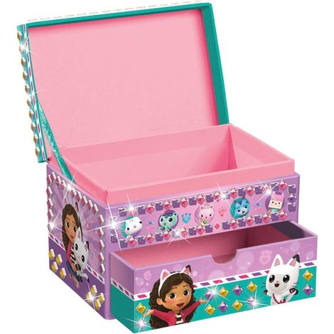Boîte à bijoux pour enfant en rose, or, violet et vert avec tiroir, motifs, rangement de bijoux pour fille (1/3)