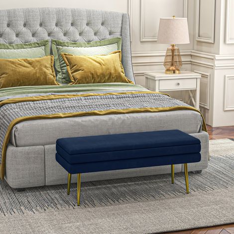 2-in-1 Aufbewahrungsbank mit samtartigem Sitz und Stahlbeinen – 100 x 37,5 x 42 cm, blau und gold (1/5)