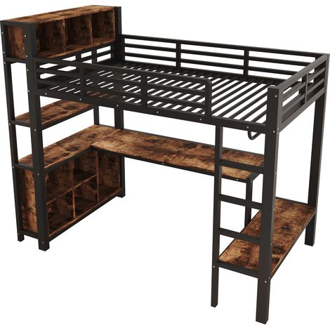 Hochbett 90 x 200 cm mit Schreibtisch Regalen und Kleiderstange Metall Schwarz - PANGIVO (1/5)