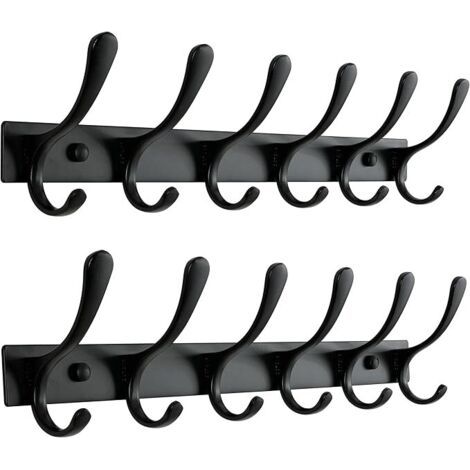 Lot de 2 porte-manteaux muraux – 6 crochets, très résistants, en acier inoxydable, crochets muraux robustes pour suspendre manteau, veste, vêtements, chapeau, noir (1/5)