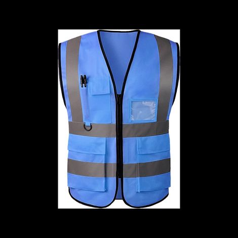 Gilet de Sécurité Haute Visibilité Chantier BTP Paysagisme - Veste de Travail Tricotée avec Multiples Poches, Bleu Moyen, Lot de 8-lsw