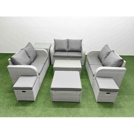 Fimous 9 Seater PE Wicker Rattan Furniture Sofa Sets with Rectangular Coffee Table 2 Seater Love Sofa 3 Stool Light Grey (1/4)