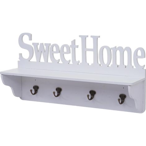 Garderobe murale HHG-796 Sweet Home, planche vestiaire, étagère, 4 crochets massifs 30x60x13cm, blanc