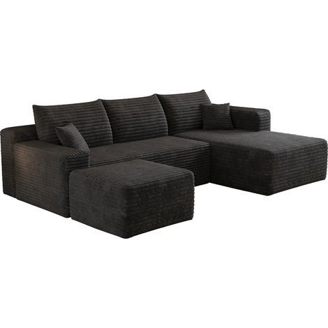 Canapé d’angle en tissu côtelé noir, assise profonde et confort moelleux, livré enroulé sans montage, pour salon moderne et gain de place CHICFURN (1/5)