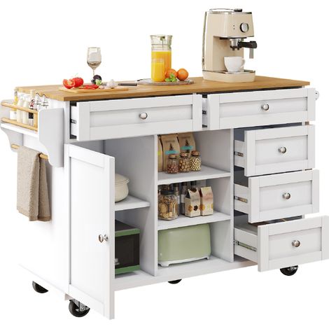 Chariot de service (134 x 46 x 92 cm), chariot de service blanc moderne et simple, design combiné meuble de rangement avec tiroirs, design double usage mobile et fixe, adapté aux cuisines domestiques 