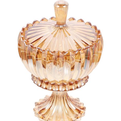 Embossed Glass Jewelry Jar, Amber Decorative Container with Lid (1/5)