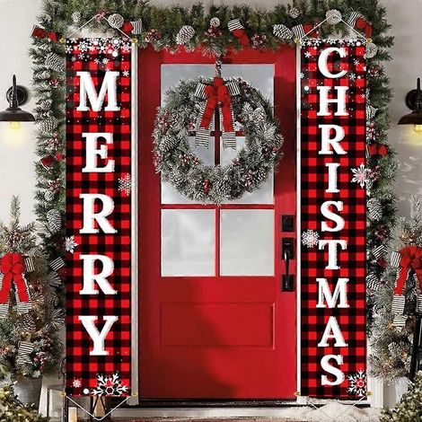 Weihnachtsdekorationen für den Außenbereich, Garten- und Verandaschild-Set, rot-schwarz kariertes Türbanner, hängende Weihnachtsdekorationen für Zuhause, drinnen und draußen (1/5)