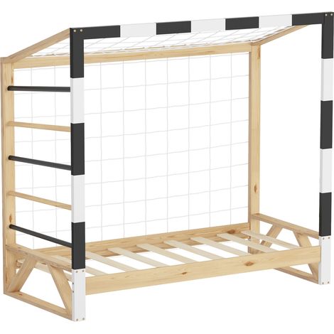 ML-Design Letto Bambini 70x140 cm in Pino Naturale, Struttura a Forma di Porta da Calcio Pallamano Bianco Nero, Rete a Doghe e Scala, Letto Singolo Sportivo, Lettino Basso per Cameretta (1/5)