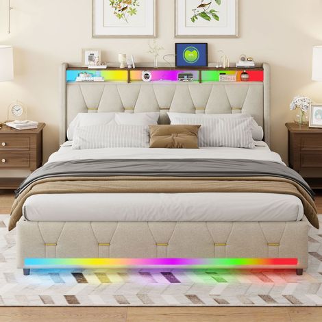 XMETPR Lit Capitonné Moderne 140x200 LED, 4 Tiroirs de Rangement, 2 Ports USB, Silencieux, Facile à Installer Tête de lit Lin Beige (1/5)