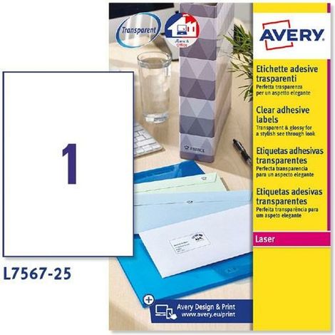 Etiqueta adhesivas avery din a4 imprimibles transparente 210x297 mm caja de 25 hojas con 25 etiquetas (1/5)