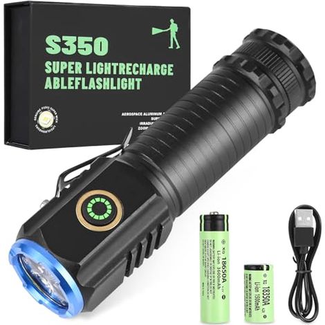 Linterna LED ultrapotente, 2000 lúmenes, recargable por USB, minilinterna con 5 modos de iluminación, resistente al agua IPX6 para camping, senderismo y emergencias [Clase energética A+++] (1/5)