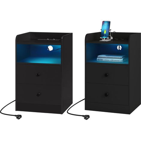 Woltu – Table de chevet noir avec 2 prises électriques et ports USB – Éclairage LED ajustable – 2 tiroirs – Panneaux E1 – Dimensions 40x35x64 cm