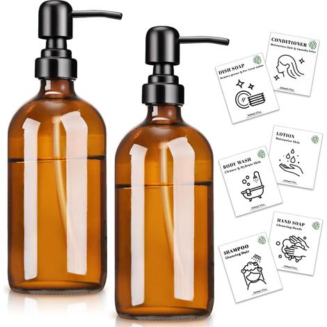 2 Pack - Distributeur De Savon - Verre Ambré - Pompe En Acier Inoxydable 304 - Rechargeable Pour Liquide Vaisselle - Cuisine Et Salle De Bain - Noir Mat - 500ml