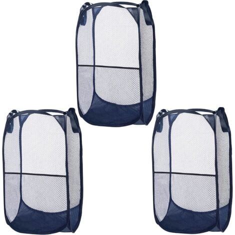 Lot de 3 Panier à Linge Pliable en Maille Bleue - Bac à Linge Sale Pliable, Résistant et Facile à Ouvrir avec des Poignées pour Vêtements, Lessive et Jouets d’Enfants (1/5)