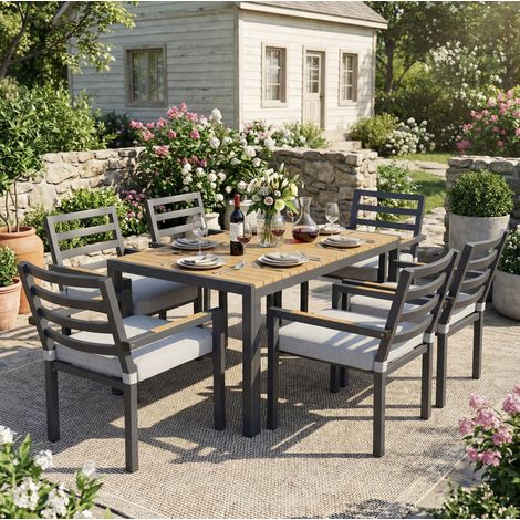 Garten-Essgruppe aus verzinktem Eisen 6 Sitzplätze grau, Industrial-Design mit Kunststoffholzplatte (1/5)