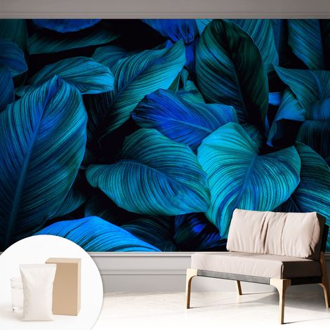 Papier peint intissé avec imprimé pour intérieur moderne application facile a motif - Colle incluse gratuite Feuilles bleues 312x219 cm (1/5)