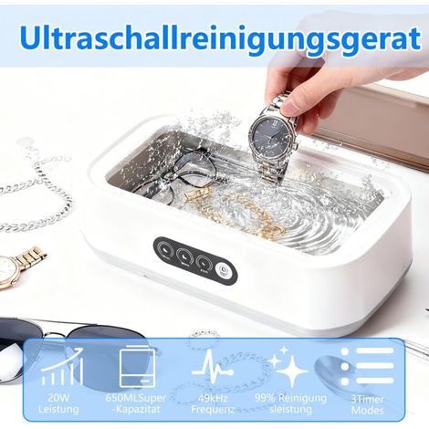 Appareil de nettoyage à ultrasons, appareil de nettoyage pour lunettes 650 ml, appareil de nettoyage à ultrasons 40 W, nettoyeur à ultrasons avec 3 fonctions temporelles pour lunettes, bijoux, prothès (1/4)
