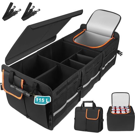 XXXL Rangement Coffre de Voiture, 115L Pliable Organisateur avec 6 Compartiments et Couvercle, 24L Sac Isolant Amovible, Fond Antidérapant et Poignées, pour SUV Camion Camping Quotidien, 89x36x31cm (1/5)