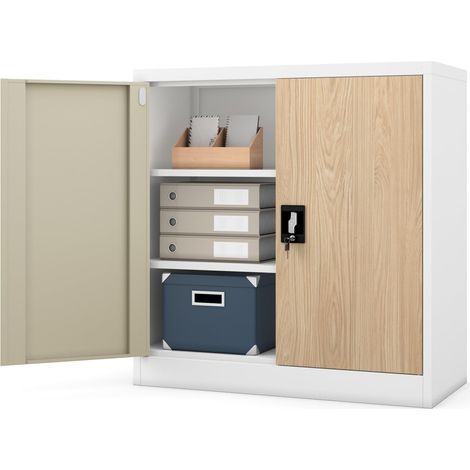 Petit Armoire de Bureau Metallique revêtement en Poudre Portes battantes verrouillable 92,5 cm x 90 cm x 40 cm Blanc/Imitation Bois (1/5)