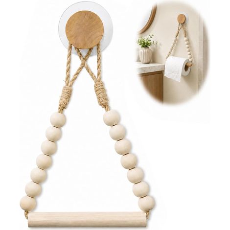Porte Rouleau WC sans Perçage, Support en Bois & Corde Autocollant, Vintage Dérouleur Papier Toilette, Décoration Bohème Salle de Bain, Accroche Murale (1/5)