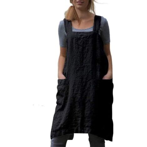 BUNTHAUS Tablier en lin et coton Tablier à dos croiséNoir,Lpour les femmes avec des poches Robe chasuble pour la cuisson au four (1/5)