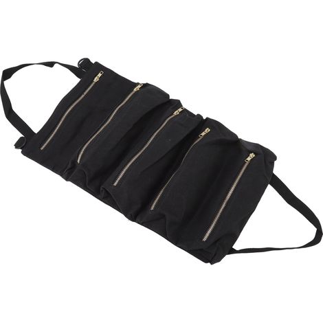 Trousses à outils enroulables grande capacité, 5 poches à fermeture éclair, sac de rangement portable pour voiture, maison et extérieur, noir