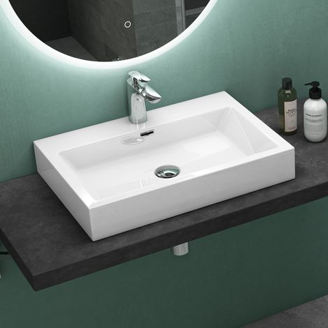 Mai & Mai Lavabo Suspendu Blanc Vasque à Poser 60cm Lave Mains Rectangulaire avec Trop Plein Col06 60x42x10cm (1/5)
