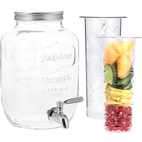 1 Distributeur Boisson Verre 4L Avec Robinet Inox Et 2 Inserts Pour Fête Apéritif