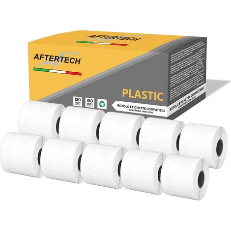 Aftertech 10x 99014P 54x101mm Rotoli di Etichette PLASTICHE IMPERMEABILI adesive compatibili (220 Etichette/rotolo = 2200 totali) per etichettatrici stampanti Dymo LabelWriter 10x99014PLA