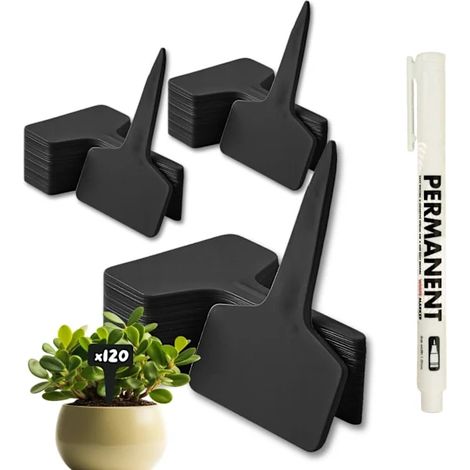 120 étiquettes noires pour jardin + marqueur blanc  Étiquettes en plastique pour plantes d'extérieur  Imperméables, réutilisables et (1/2)