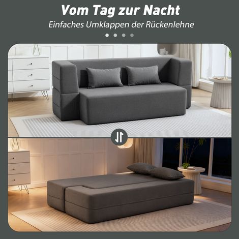 Zweisitzer-Schlafsofa aus Polyurethanschaum, Schlafsofa mit breiten Armlehnen, 2 Kissen, Belastbarkeit 360 kg, grau. (1/5)