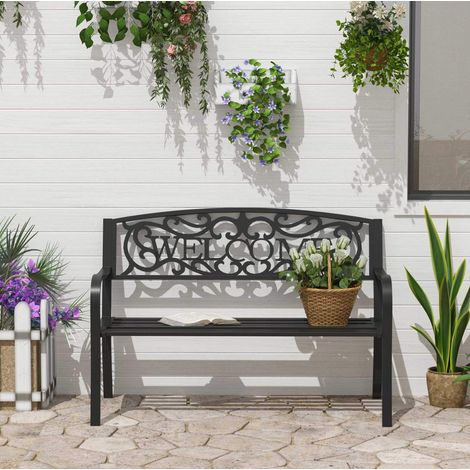 Banc de jardin 2 places en métal noir, dossier décoratif WELCOME, banc de terrasse résistant à la rouille pour extérieur durable  CHICFURN (1/5)