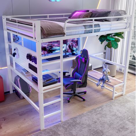 REDOM - Lit mezzanine - 140x200 cm - avec bureau - étagères - prise USB Type C - LED panneau perforé - métal - blanc (Sans matelas) (1/5)