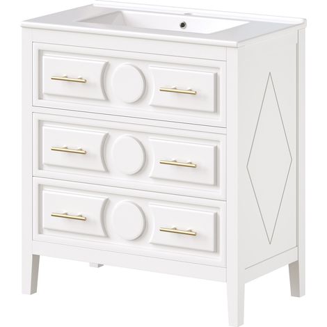 Mobile bagno bianco 81 cm con lavabo in ceramica 3 cassetti stile retrò (1/5)