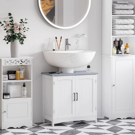 Meuble vasque salle de bain avec rangement à deux portes, étagères réglables, blanc, pour meuble sous lavabo (1/5)