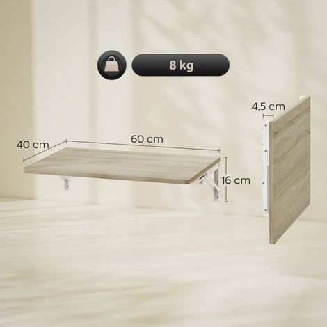 Table murale pliante 60x40 cm, bureau rabattable gain de place, plateau flottant à coins arrondis, pour télétravail, salon, chambre, cuisine, chêne. (1/5)