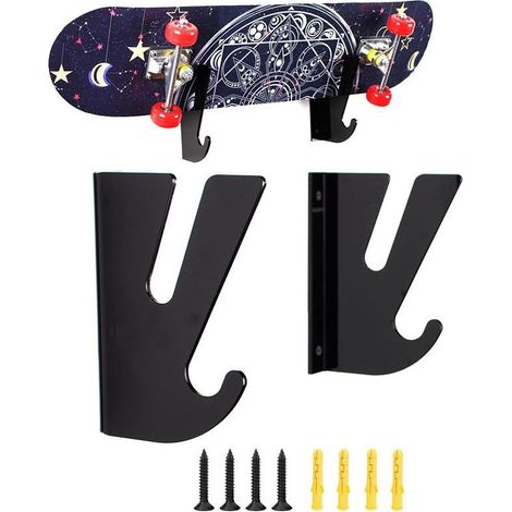 Support Skateboard, Acrylique Support Mural Skateboard avec Crochets de Rangement Porte Ski Mural pour Salon Garage Mur Affichage pour Skateboards Longboards Snowboards, 2 Pièces, Noir