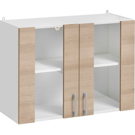 Cuisineandcie – Meuble haut de cuisine 2 portes vitrées – Éléments en chêne naturel – Dimensions L 80 x H 60 x P 32 cm – Charnières réglables et amortisseurs